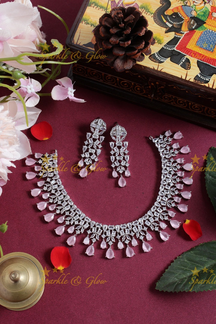 Silver finish leaf branch AD necklace - Light Pink