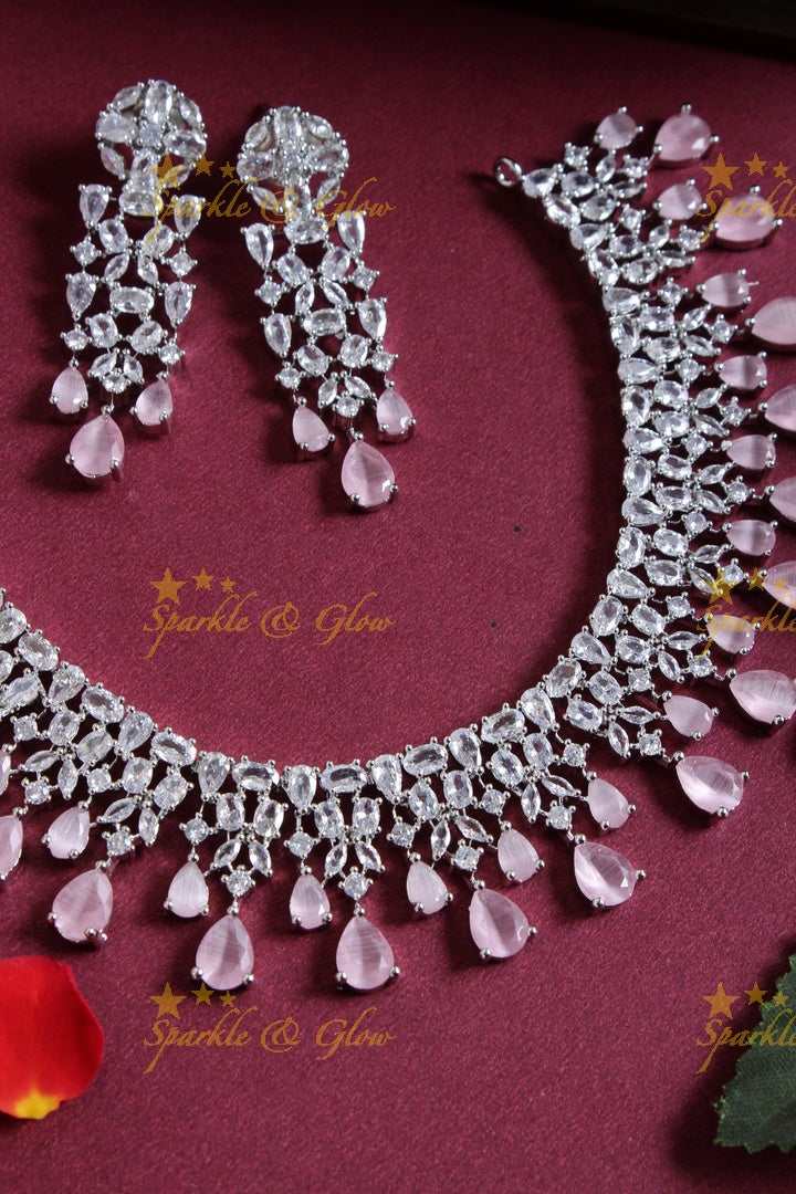 Silver finish leaf branch AD necklace - Light Pink