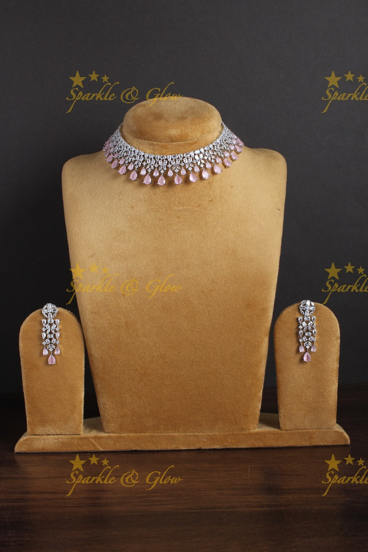 Silver finish leaf branch AD necklace - Light Pink