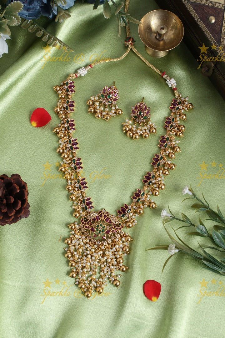 Premium Matte lotus peacock carved pearl cluster and gold beads necklace