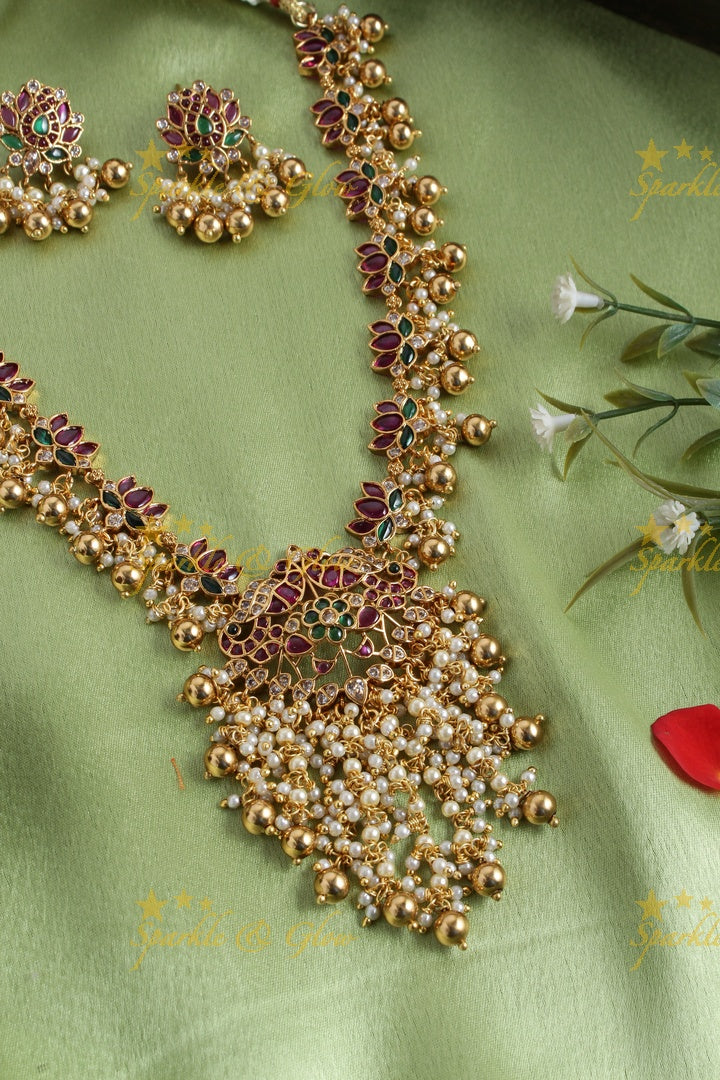 Premium Matte lotus peacock carved pearl cluster and gold beads necklace
