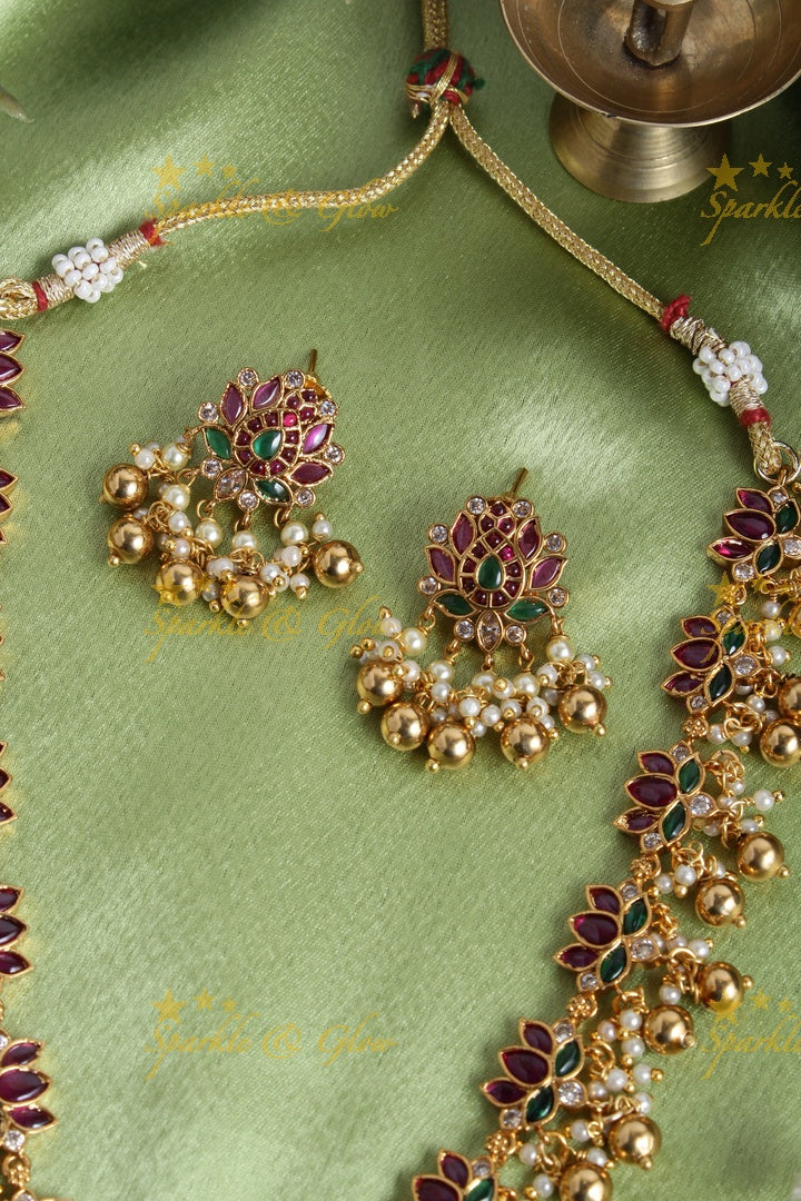 Premium Matte lotus peacock carved pearl cluster and gold beads necklace