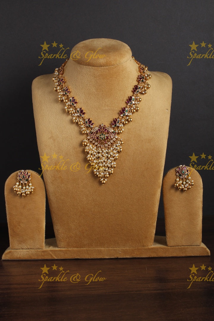 Premium Matte lotus peacock carved pearl cluster and gold beads necklace