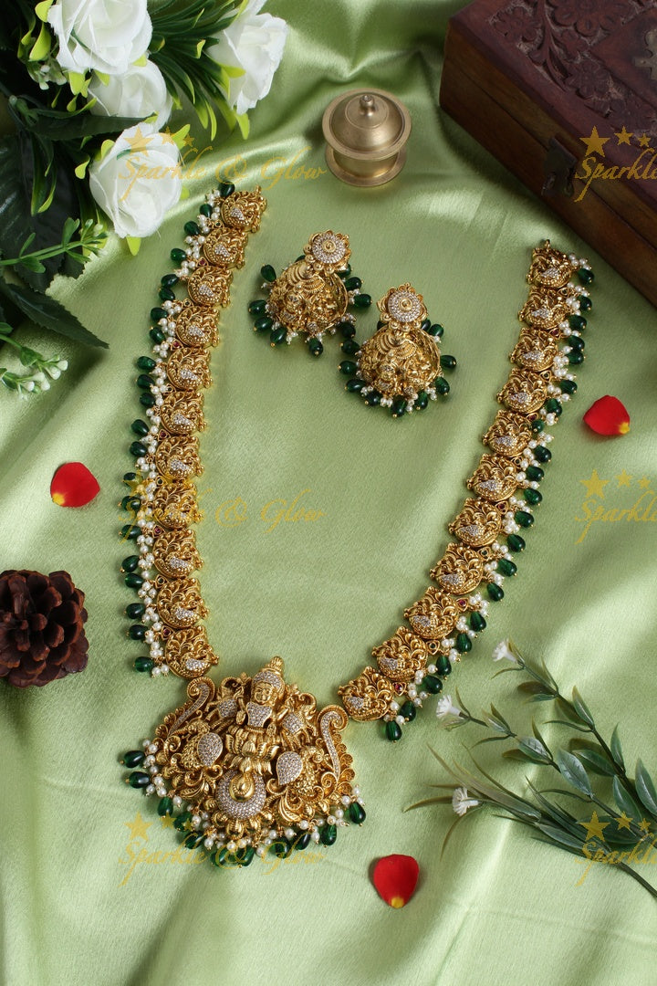 Gold alike peacock carved Lakshmi pendent green beads necklace