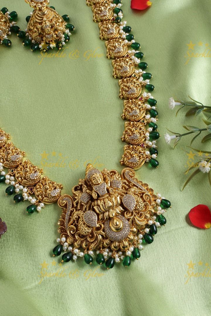 Gold alike peacock carved Lakshmi pendent green beads necklace