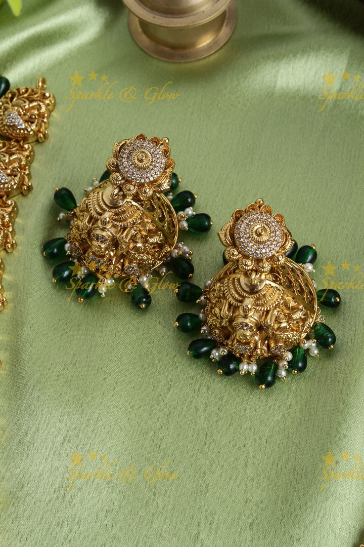 Gold alike peacock carved Lakshmi pendent green beads necklace