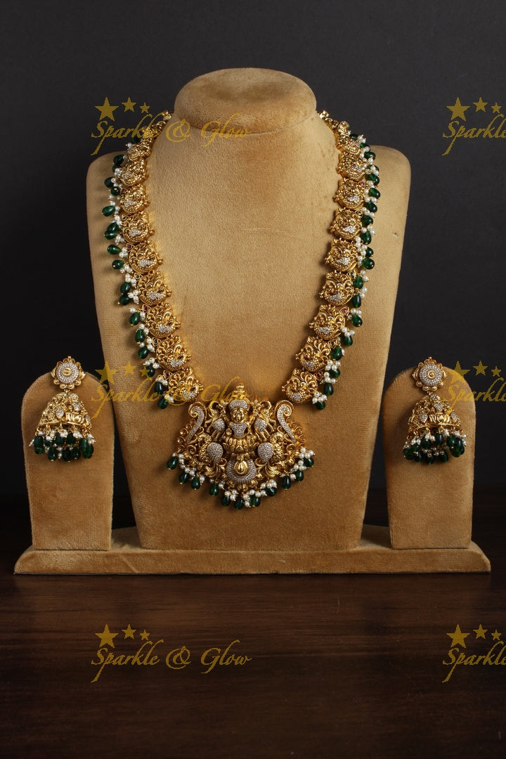 Gold alike peacock carved Lakshmi pendent green beads necklace