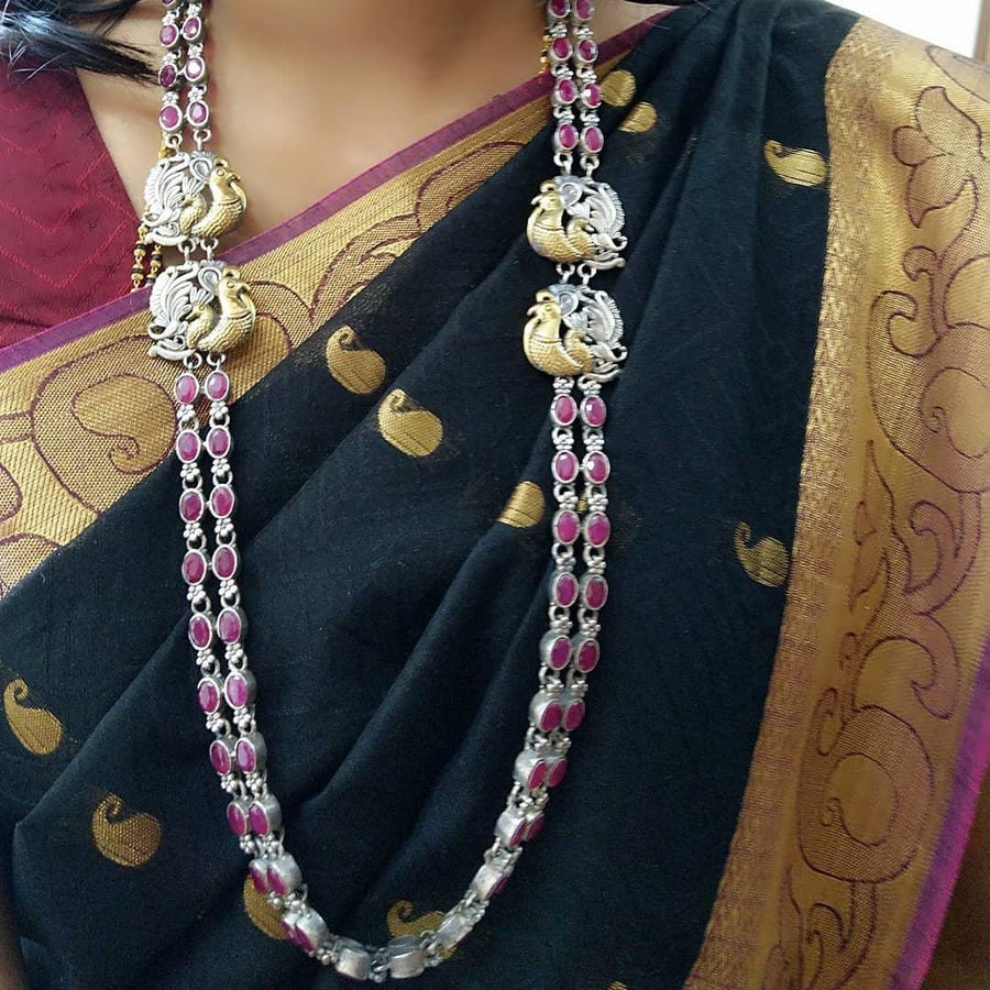 Silver look alike peacock semi precious stones layered haram - Blue - Sparkle and Glow