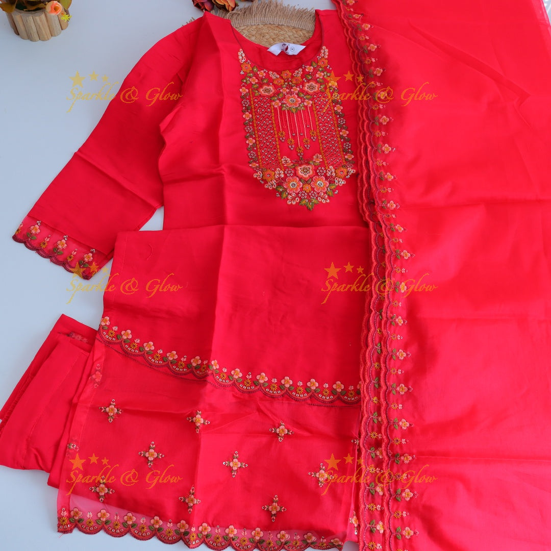 Beautiful Modal Silk Kurti pant with Organza Dupatta set- Pink