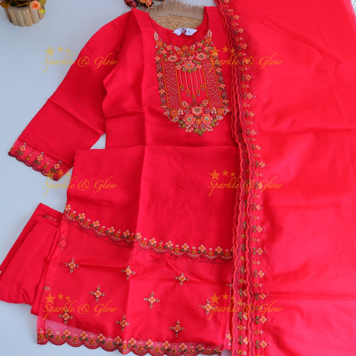 Beautiful Modal Silk Kurti pant with Organza Dupatta set- Pink