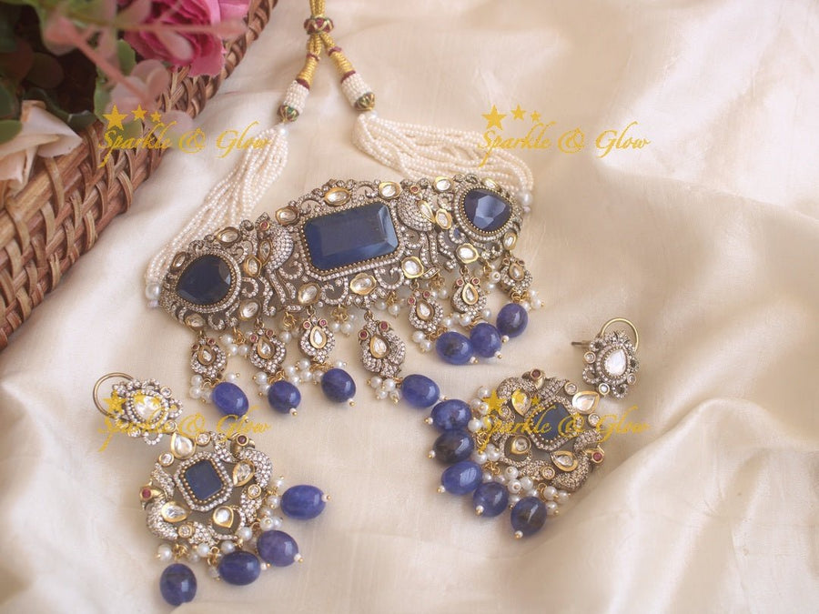 Victorian statement peacock choker - Blue - Sparkle and Glow - Blue - Back Thread