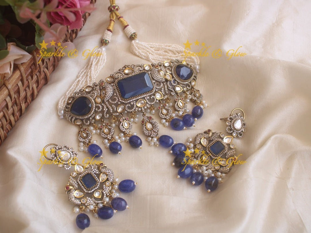 Victorian statement peacock choker - Blue - Sparkle and Glow - Blue - Back Thread