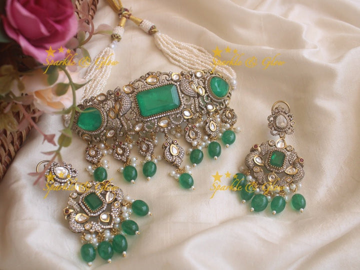 Victorian statement peacock choker - Blue - Sparkle and Glow - Green - Back Thread