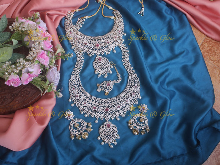 Stunning GJ Polish mango carved floral short long necklace set with maang tikka