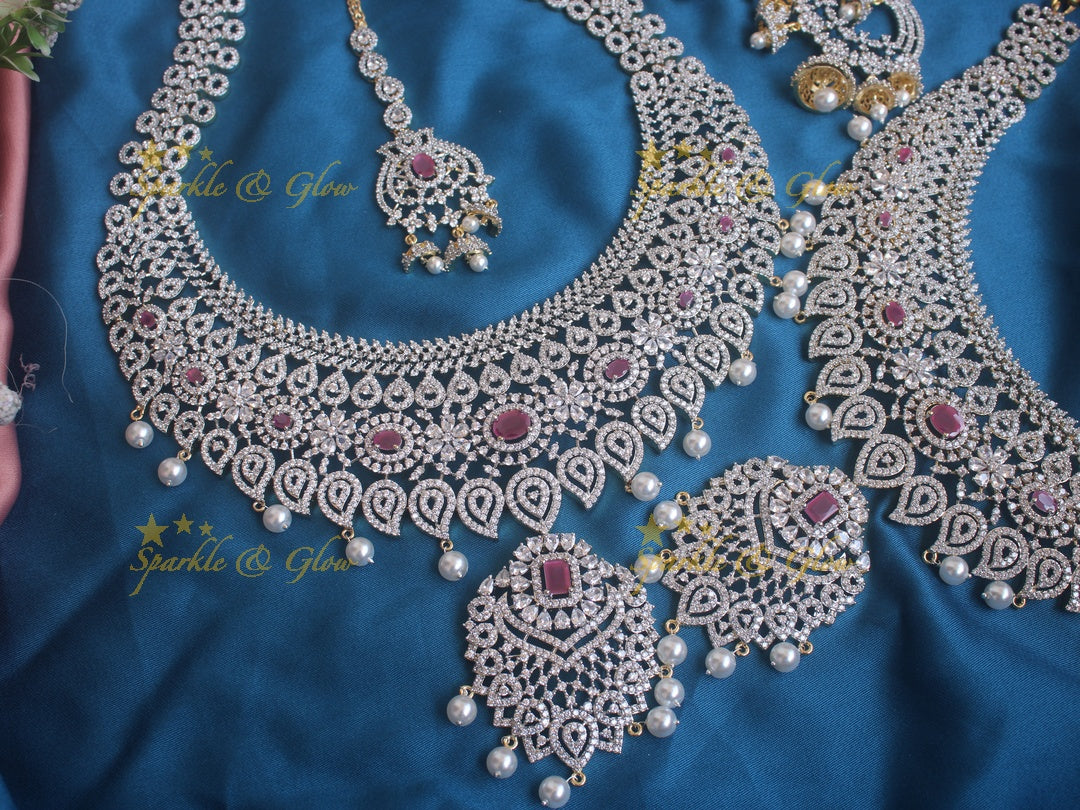 Stunning GJ Polish mango carved floral short long necklace set with maang tikka