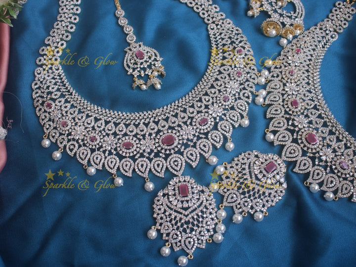 Stunning GJ Polish mango carved floral short long necklace set with maang tikka
