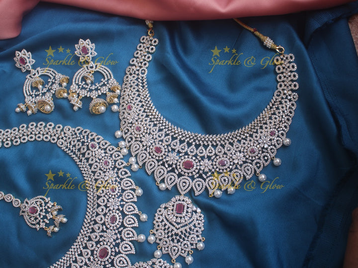 Stunning GJ Polish mango carved floral short long necklace set with maang tikka