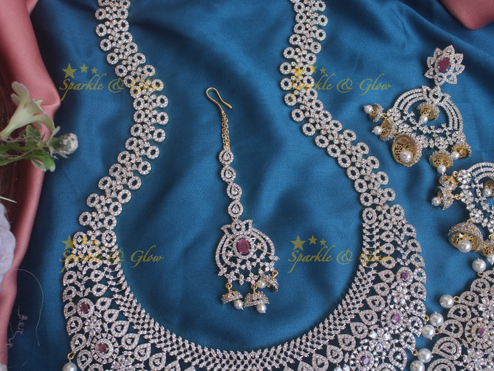 Stunning GJ Polish mango carved floral short long necklace set with maang tikka