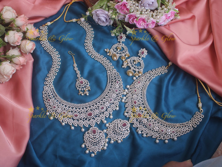 Stunning GJ Polish mango carved floral short long necklace set with maang tikka