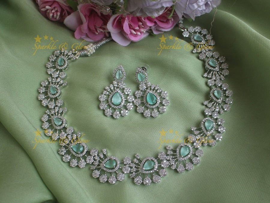 Beautiful silver finish water drop floral design necklace - Mint Green - Sparkle and Glow - Mint Green - Back Thread