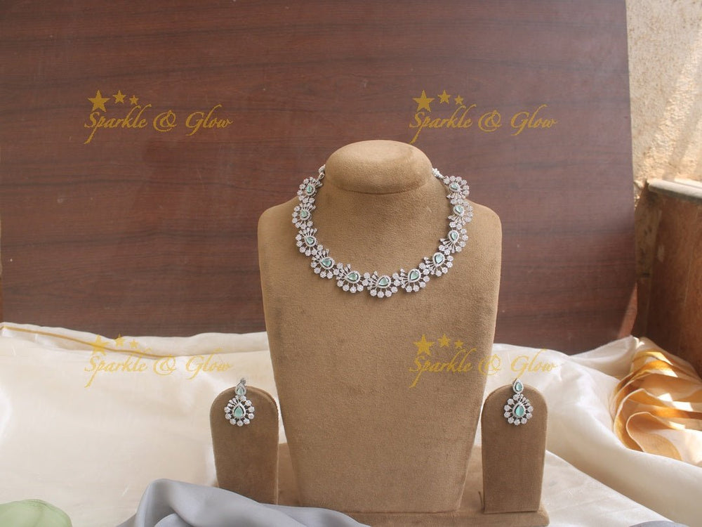 Beautiful silver finish water drop floral design necklace - Mint Green - Sparkle and Glow - Mint Green - Back Thread
