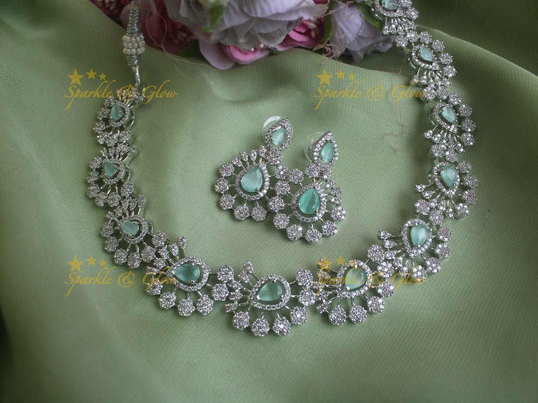 Beautiful silver finish water drop floral design necklace - Mint Green - Sparkle and Glow - Mint Green - Back Thread