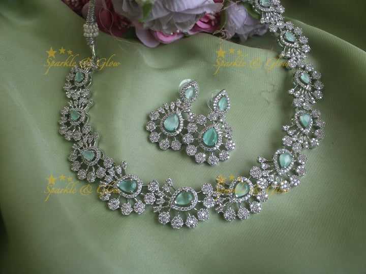 Beautiful silver finish water drop floral design necklace - Mint Green - Sparkle and Glow - Mint Green - Back Thread