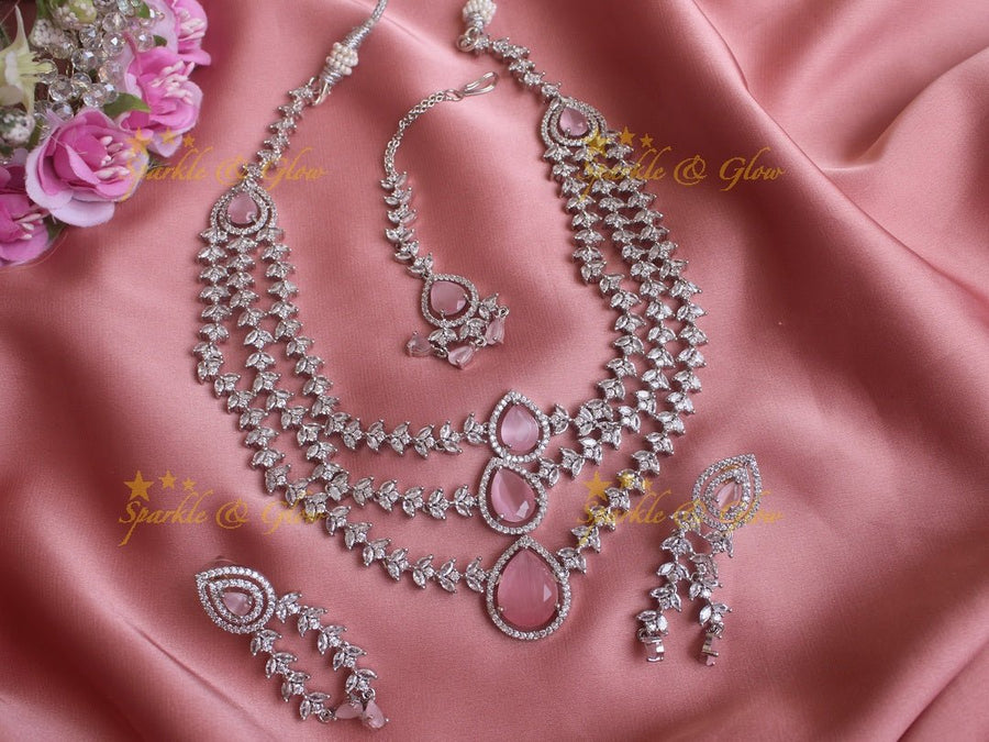 Three layered leaf branch design water drop necklace with maang tikka - Pink - Sparkle and Glow - Pink - Back Thread