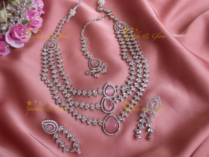Three layered leaf branch design water drop necklace with maang tikka - Pink - Sparkle and Glow - Pink - Back Chain