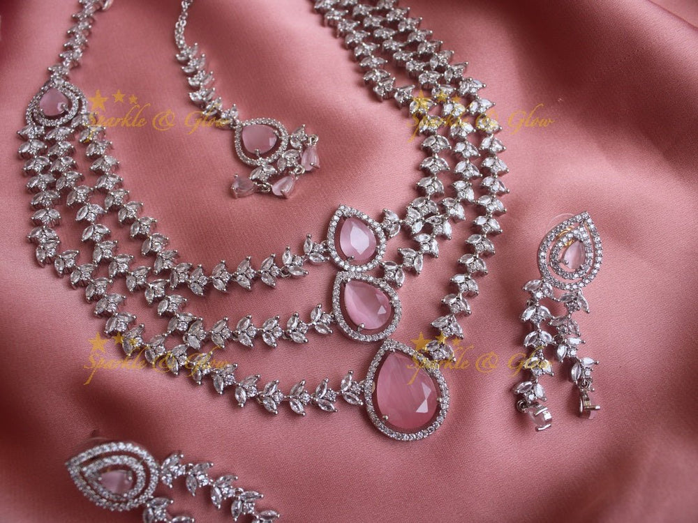 Three layered leaf branch design water drop necklace with maang tikka - Pink - Sparkle and Glow - Pink - Back Thread