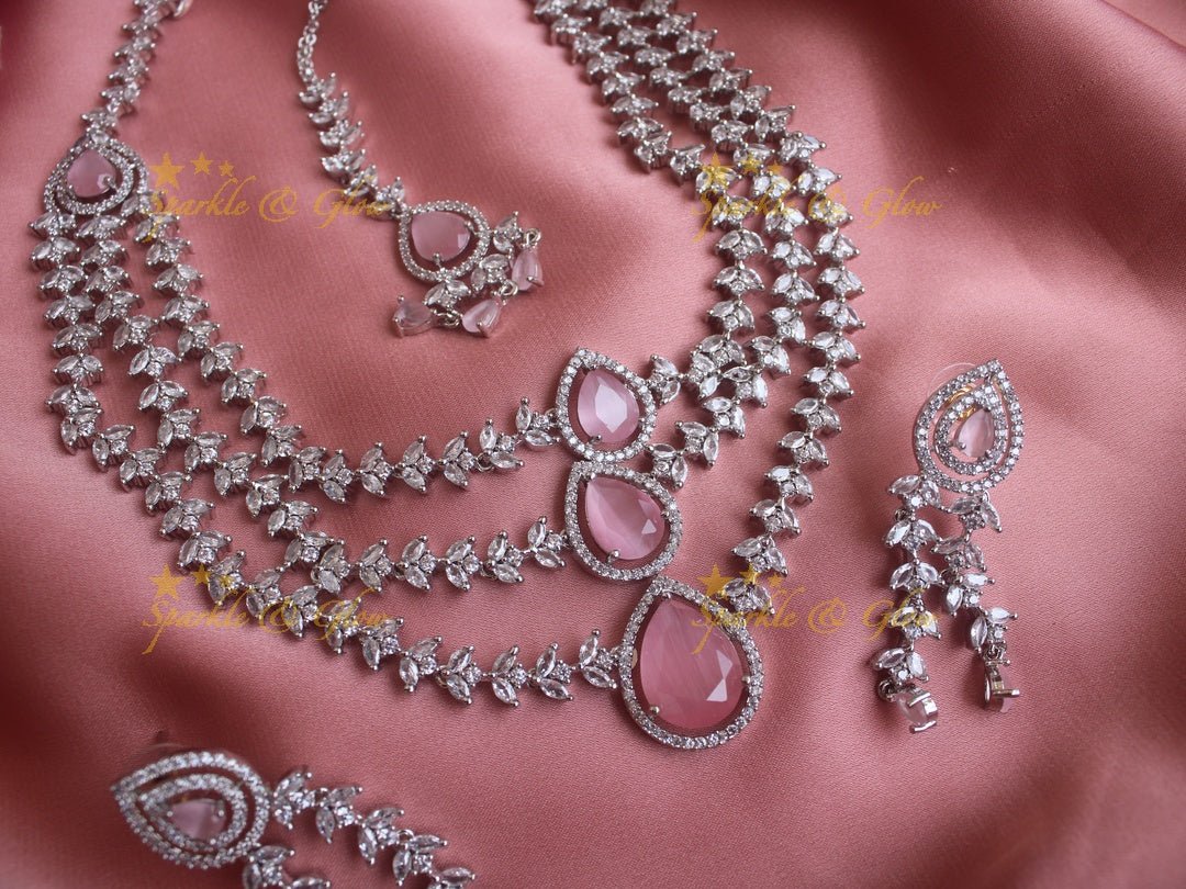 Three layered leaf branch design water drop necklace with maang tikka - Pink - Sparkle and Glow - Pink - Back Thread