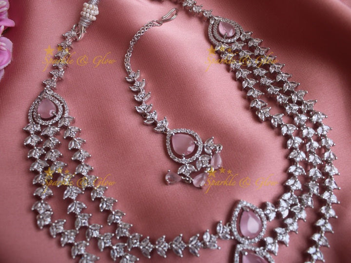 Three layered leaf branch design water drop necklace with maang tikka - Pink - Sparkle and Glow - Pink - Back Thread