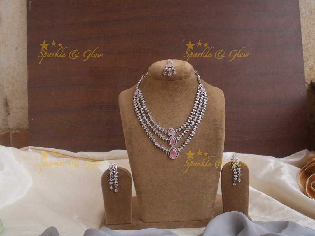 Three layered leaf branch design water drop necklace with maang tikka - Pink - Sparkle and Glow - Pink - Back Thread