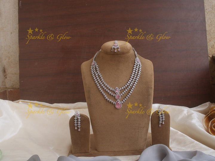Three layered leaf branch design water drop necklace with maang tikka - Pink - Sparkle and Glow - Pink - Back Thread