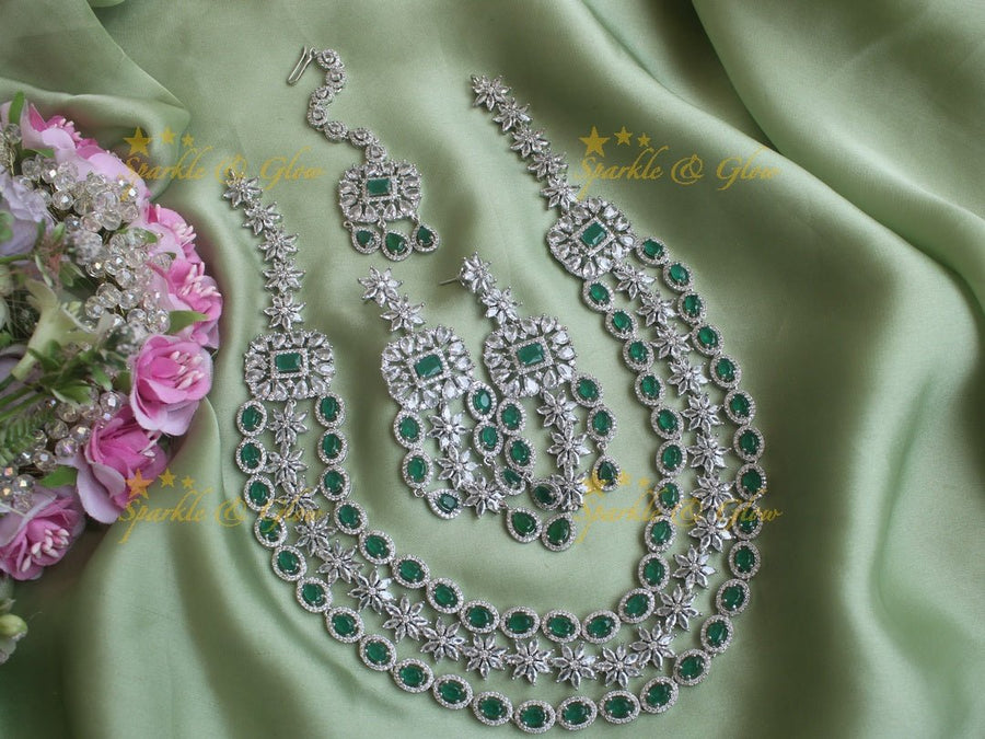 Three layered oval floral design necklace with maang tikka - Green - Sparkle and Glow - Green - Back Thread