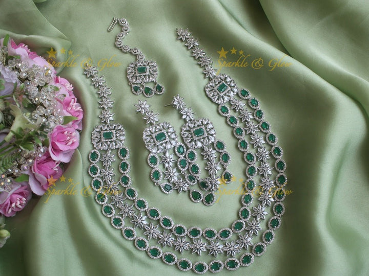 Three layered oval floral design necklace with maang tikka - Green - Sparkle and Glow - Green - Back Thread