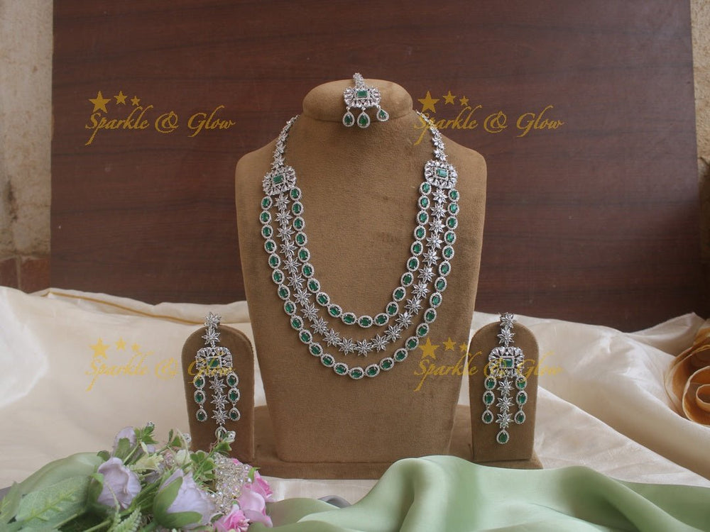 Three layered oval floral design necklace with maang tikka - Green - Sparkle and Glow - Green - Back Thread