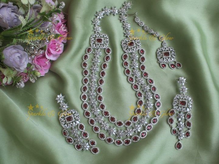 Three layered oval floral design necklace with maang tikka - Green - Sparkle and Glow - Pink - Back Thread