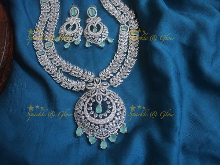 Beautiful leaf branch floral half moon carved pendent necklace - Mint Green - Sparkle and Glow - Mint Green - Back Thread