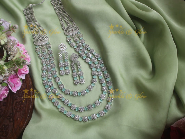 Intricately carved peacock floral two layered silver finish necklace - Mint Green - Sparkle and Glow - Mint Green - Back Thread