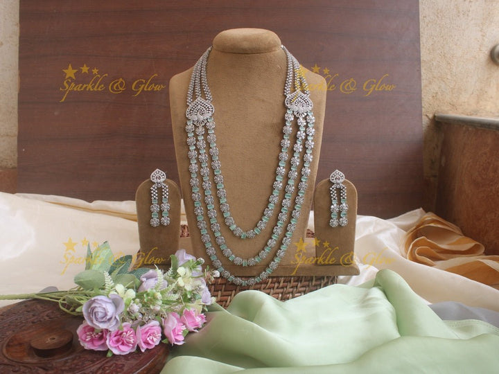 Intricately carved peacock floral two layered silver finish necklace - Mint Green - Sparkle and Glow - Mint Green - Back Thread