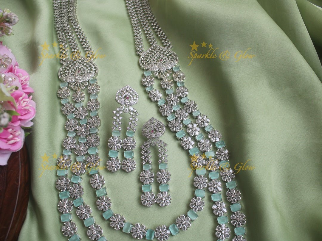 Intricately carved peacock floral two layered silver finish necklace - Mint Green - Sparkle and Glow - Mint Green - Back Thread