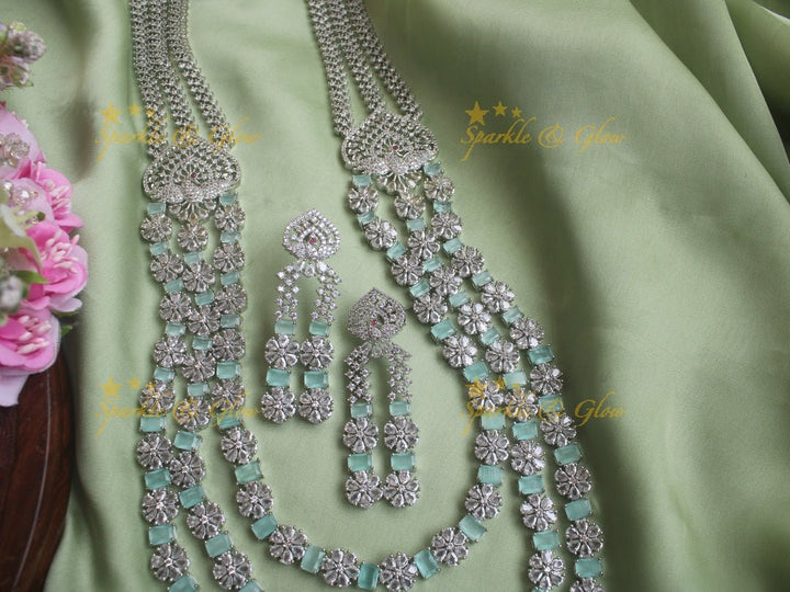 Intricately carved peacock floral two layered silver finish necklace - Mint Green - Sparkle and Glow - Mint Green - Back Thread