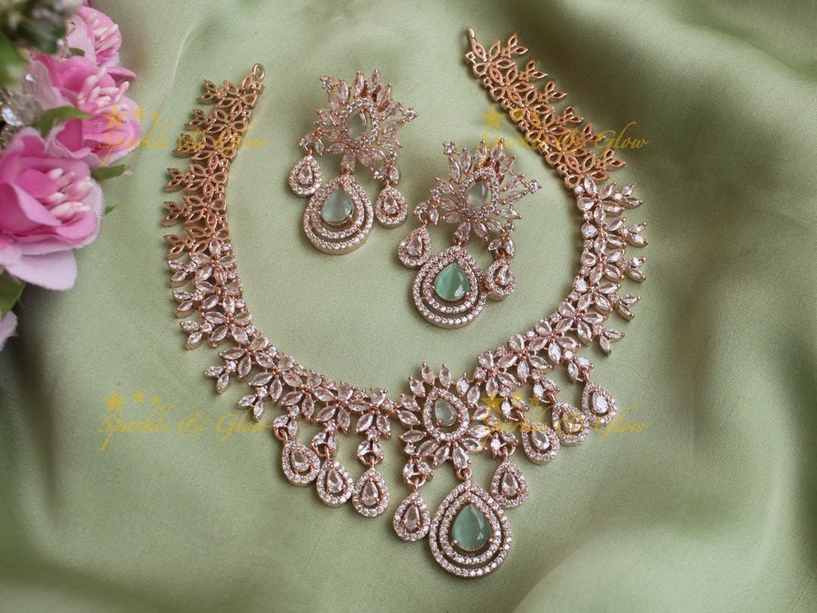 Beautiful leaf design rose gold necklace - Mint Green - Sparkle and Glow - Mint Green - Back Thread