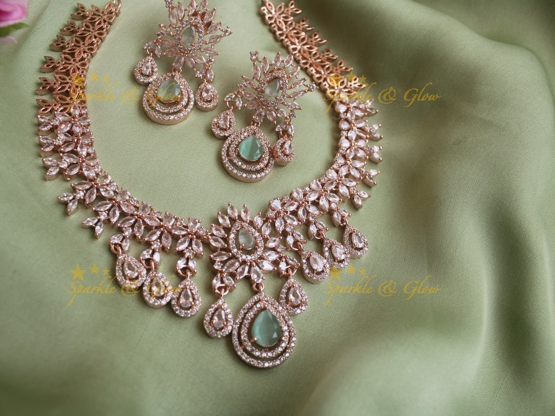 Beautiful leaf design rose gold necklace - Mint Green - Sparkle and Glow - Mint Green - Back Thread