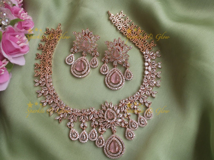 Beautiful leaf design rose gold necklace - Mint Green - Sparkle and Glow - Pink - Back Chain