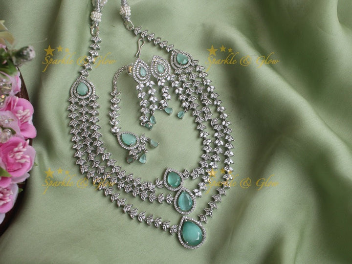 Three layered leaf branch design water drop necklace with maang tikka - Pink - Sparkle and Glow - Mint Green - Back Chain