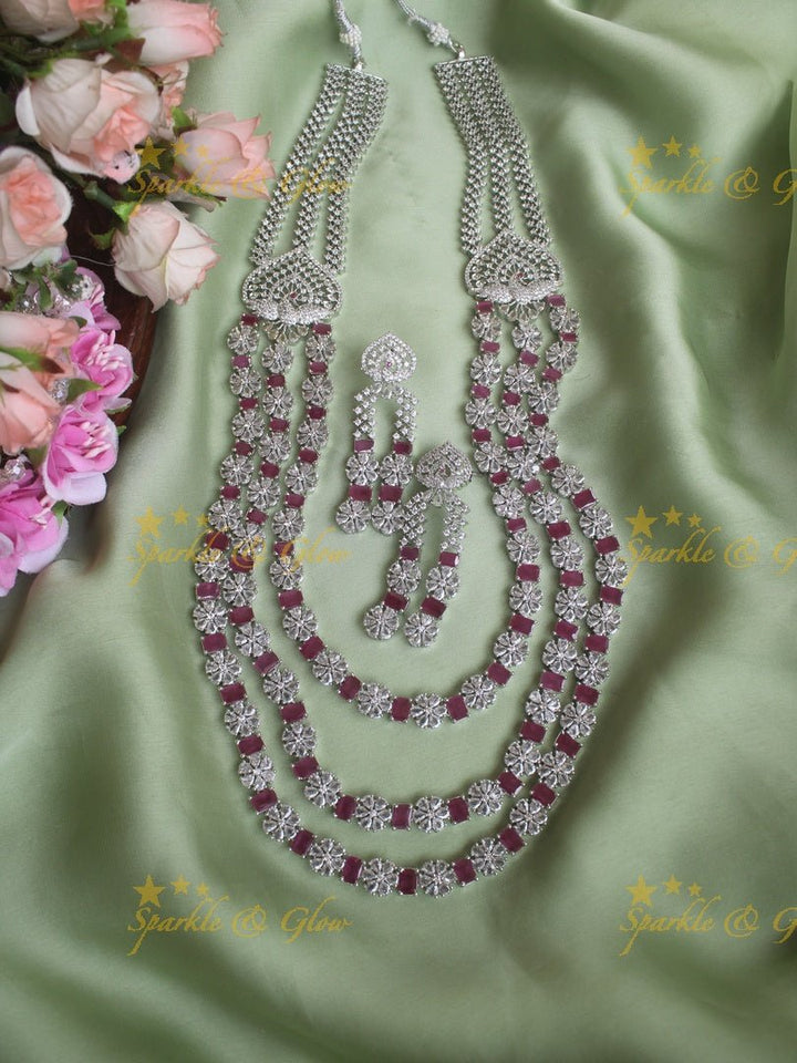 Intricately carved peacock floral two layered silver finish necklace - Mint Green - Sparkle and Glow - Pink - Back Chain