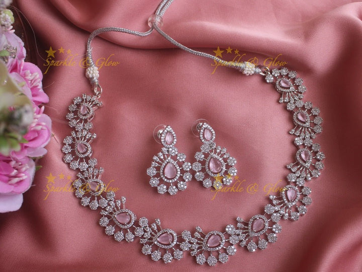 Beautiful silver finish water drop floral design necklace - Mint Green - Sparkle and Glow - Pink - Back Chain