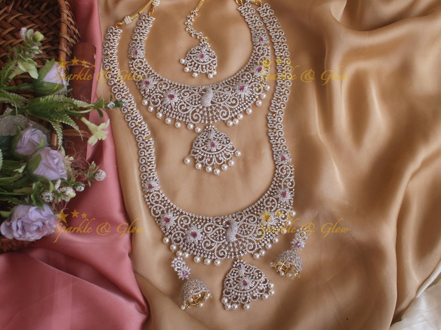 GJ polish peacock floral carved long and short necklace set with Maang Tikka - Pink - Sparkle and Glow - Pink - Back Thread